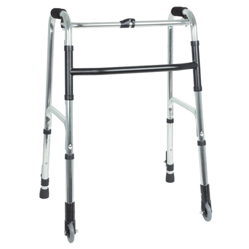 Foldable walking frame with adjustable height and 2 front wheels
