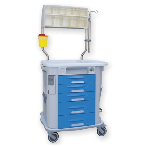 Therapy trolley Aurion with 5 drawers, pole, upper drowers and basket - light blue