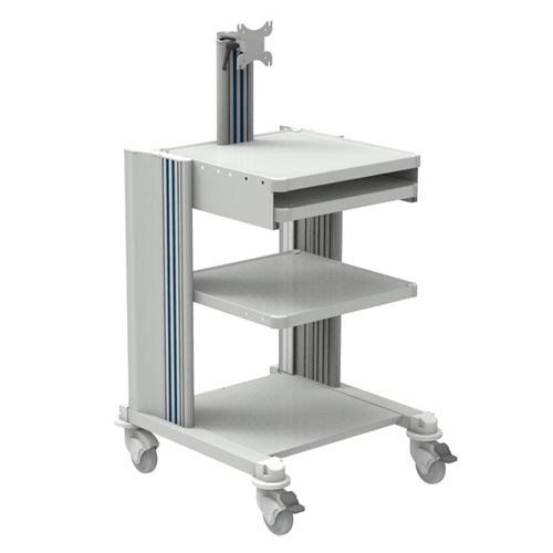 Professional cart with cable pipe - 2 shelves, keyboard, monitor support, basket