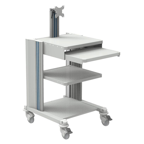Professional cart with cable pipe - 2 shelves, keyboard, monitor support, basket